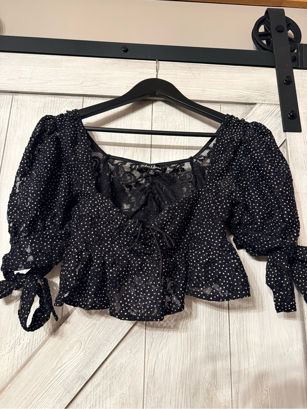 For Love & Lemons Black Polka Dot Puff Sleeve Crop Top